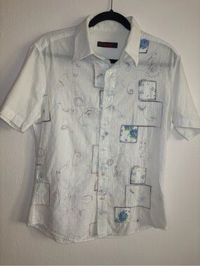 Short-Sleeve Button-Up Shirt with Floral Embroidery - Large